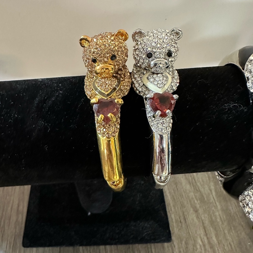 Rhinestone Teddy Bear Bracelet Holding Ruby